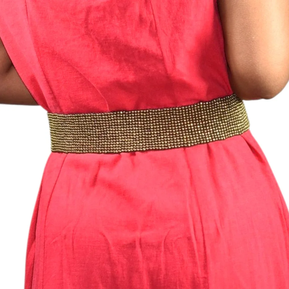 Beaded Cinch Belt Brown Stretchy Elastic Studs Waist Wooden Clasp Buckle Medium
